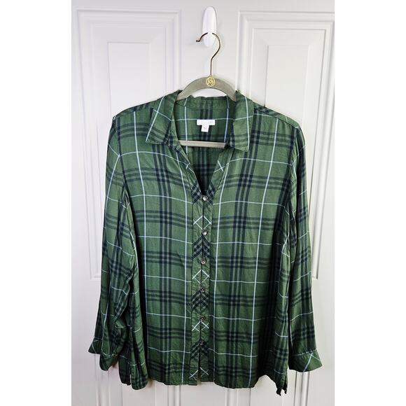 J Jill Green Plaid Button UP Casual Top Rayon Long Sleeve Size Large - Picture 1 of 10